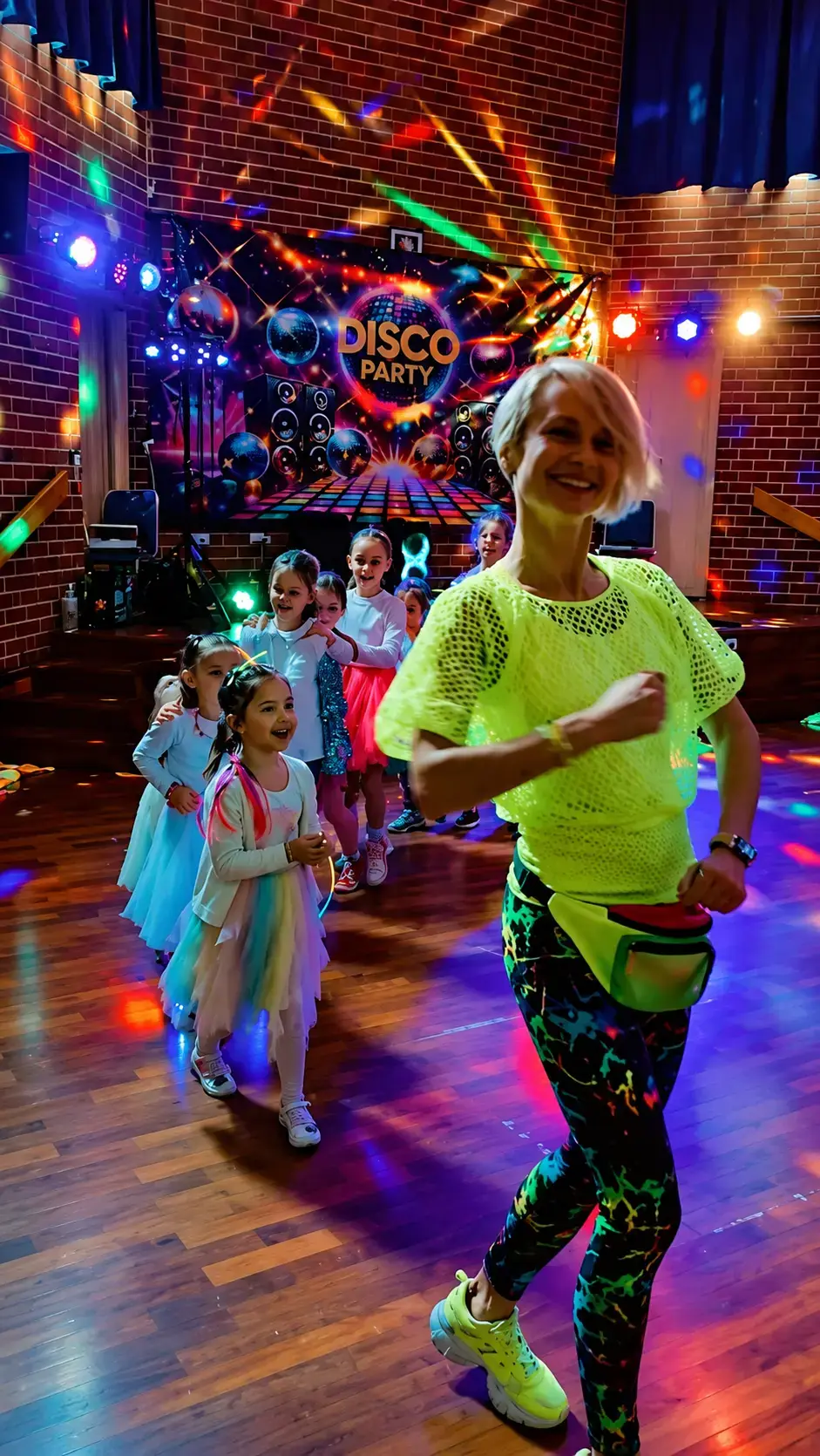 Elena leading a group of kids dancing under disco lights at a Sydney birthday party